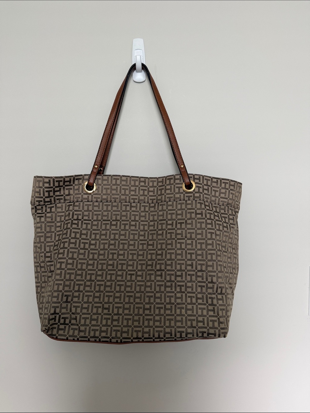 Tommy Hilfiger Brown Patterned Tote Bag with Leather Handles